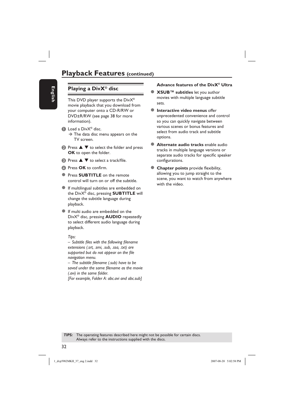 Playback features, Playing a divx, Disc | Philips DVP5982-37B User Manual | Page 32 / 57