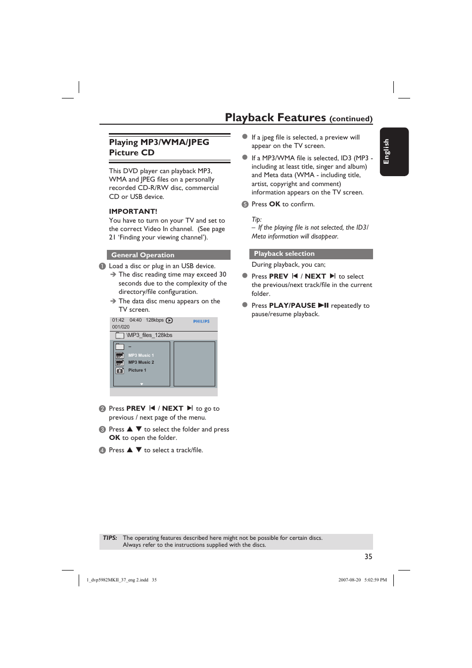 Playback features, Playing mp3/wma/jpeg picture cd | Philips DVP5982-37B User Manual | Page 35 / 57