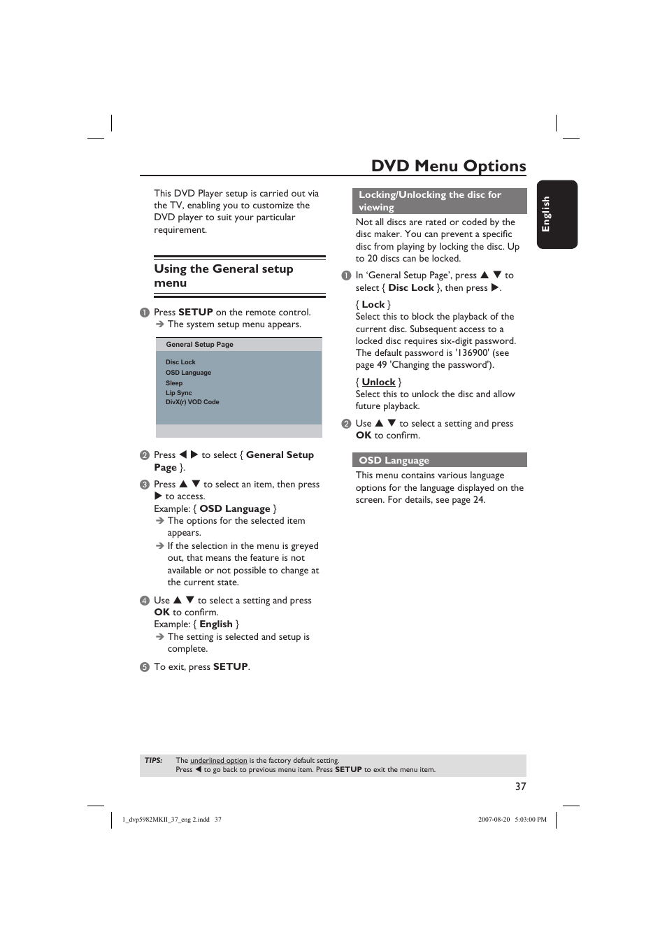 Dvd menu options, Using the general setup menu | Philips DVP5982-37B User Manual | Page 37 / 57