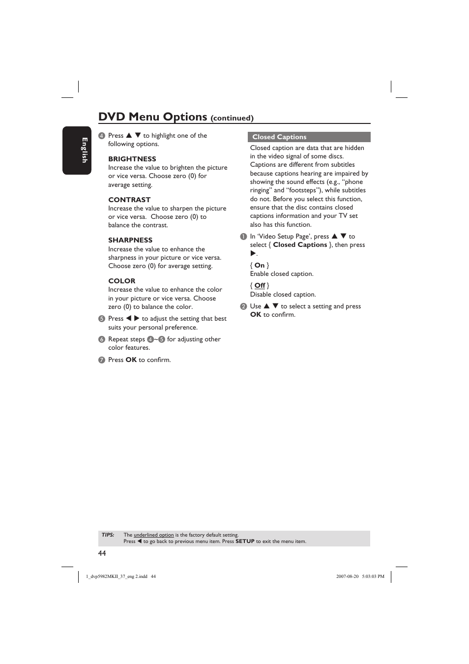 Dvd menu options | Philips DVP5982-37B User Manual | Page 44 / 57