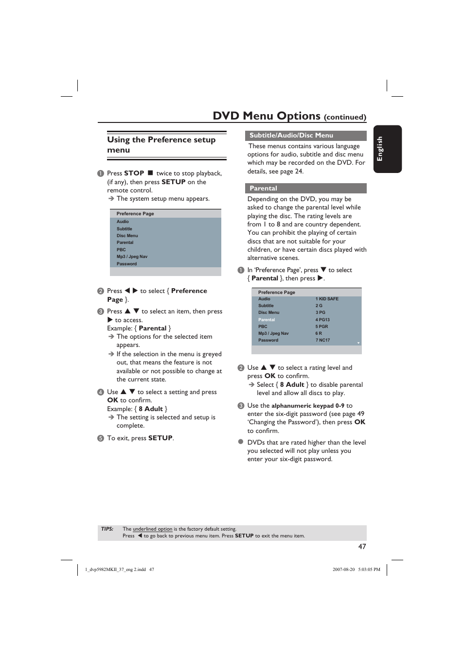 Dvd menu options, Using the preference setup menu, Continued) | Philips DVP5982-37B User Manual | Page 47 / 57