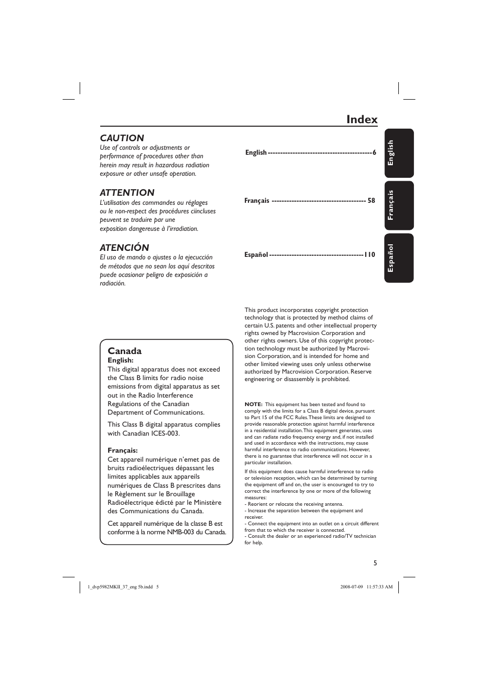 Index, Canada, Caution | Attention, Atención | Philips DVP5982-37B User Manual | Page 5 / 57