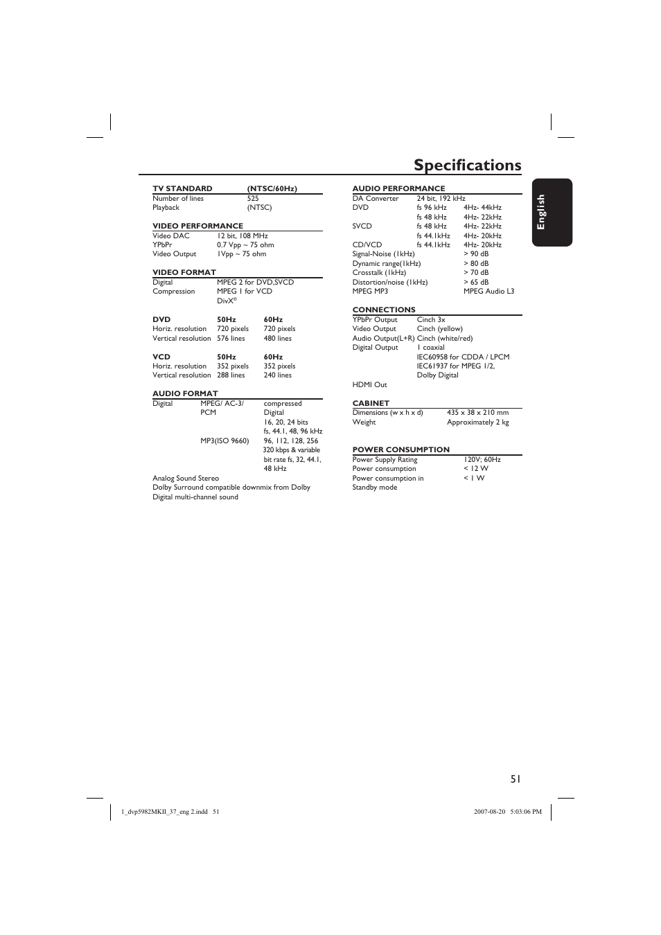 Specifi cations | Philips DVP5982-37B User Manual | Page 51 / 57