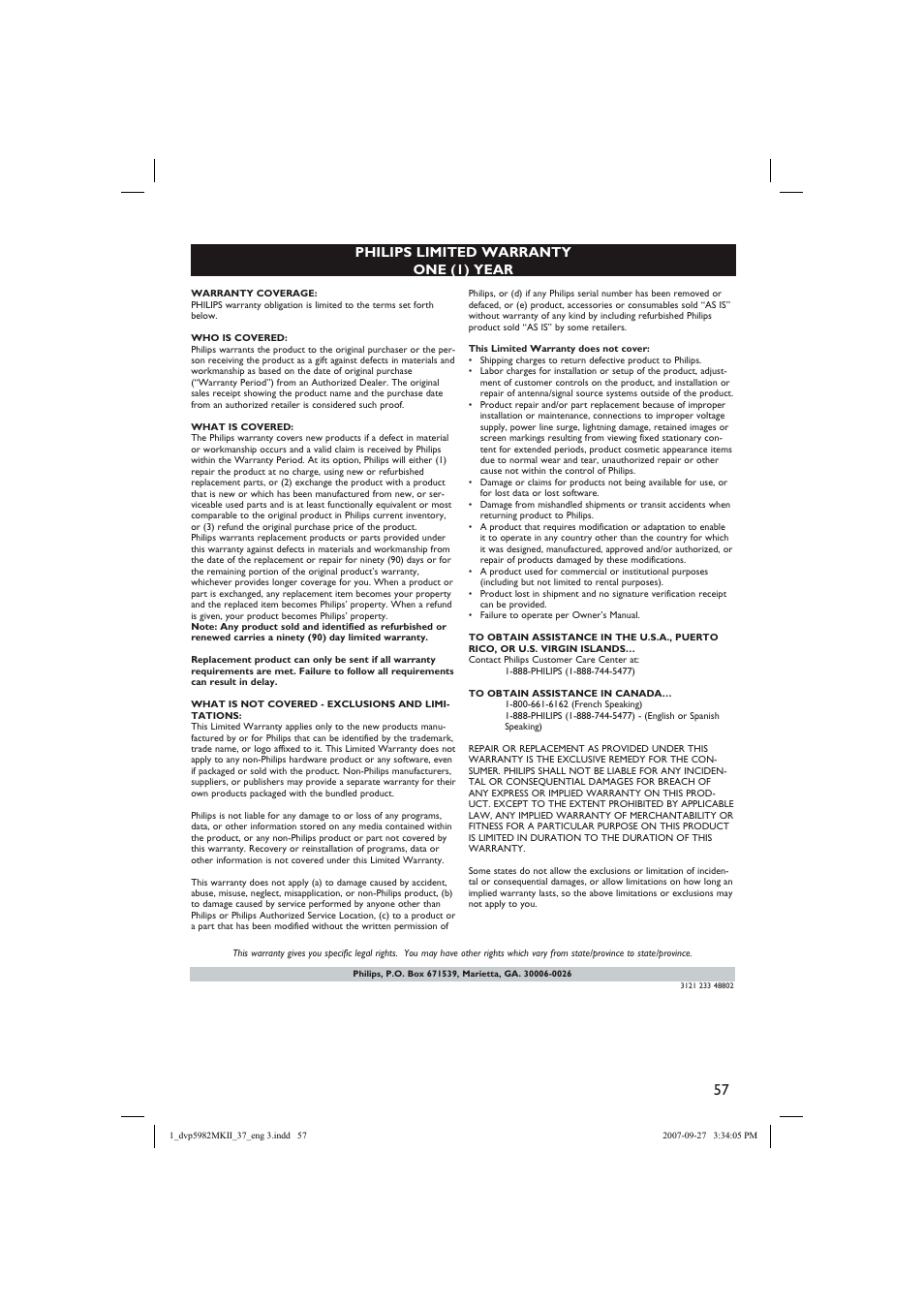 English, Philips limited warranty one (1) year | Philips DVP5982-37B User Manual | Page 57 / 57