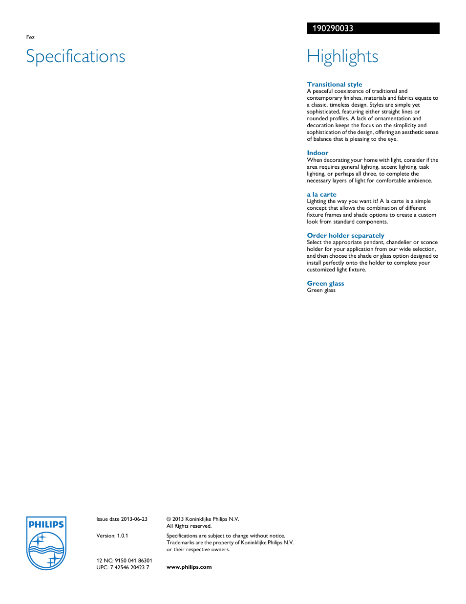 Specifications, Highlights | Philips 190290033 User Manual | Page 2 / 2