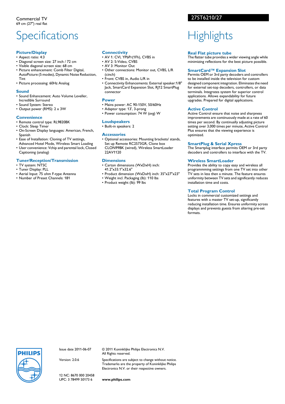 Specifications, Highlights | Philips 27ST6210-27B User Manual | Page 2 / 2
