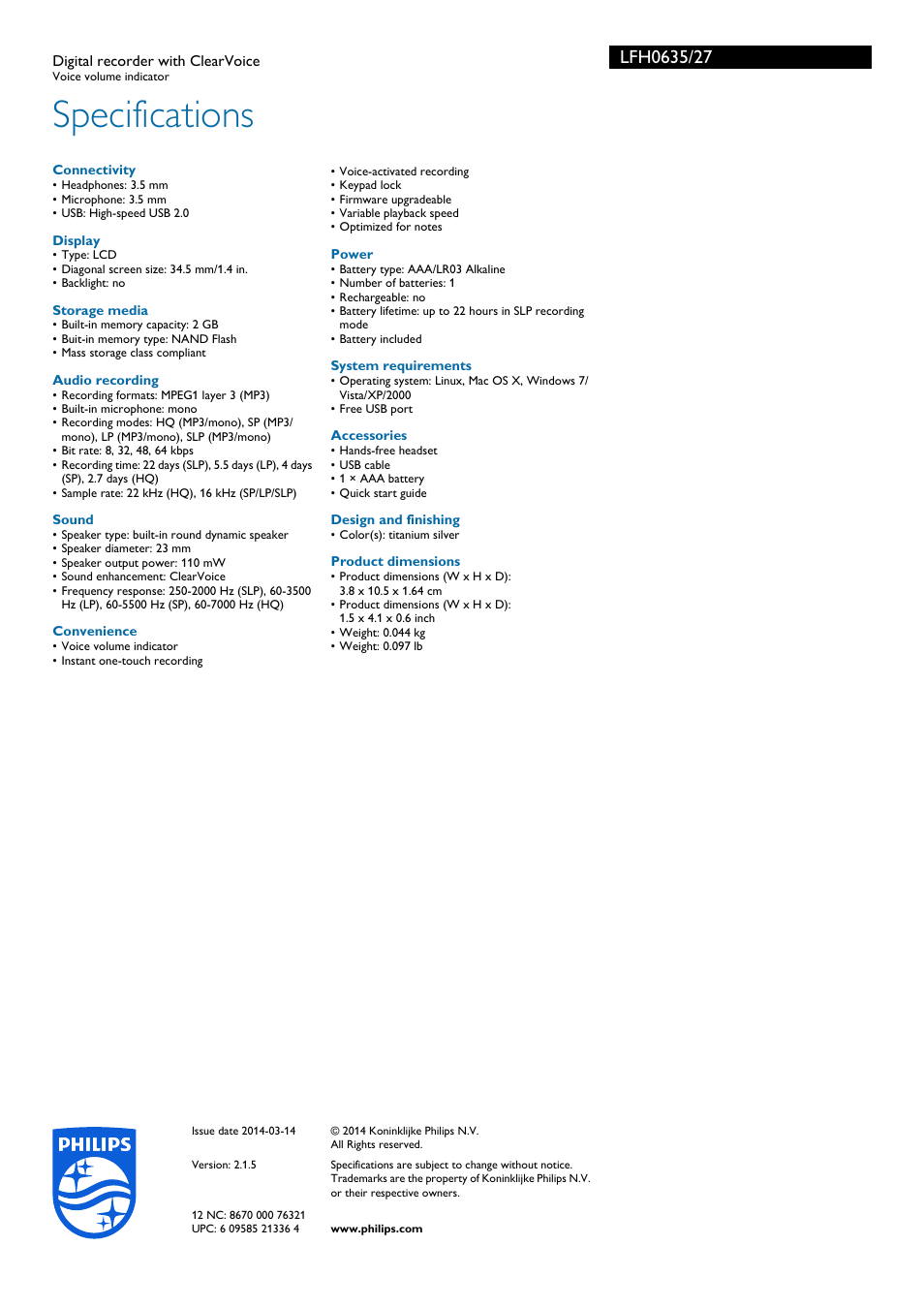 Specifications | Philips LFH0635-27 User Manual | Page 3 / 3