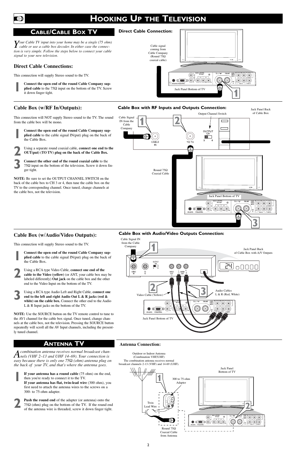 Ooking, P the, Elevision | Ntenna, Direct cable connections, Cable box (w/rf in/outputs), Cable box (w/audio/video outputs), Able, Antenna connection, Cable box with audio/video outputs connection | Philips 17PF9945-99 User Manual | Page 2 / 4