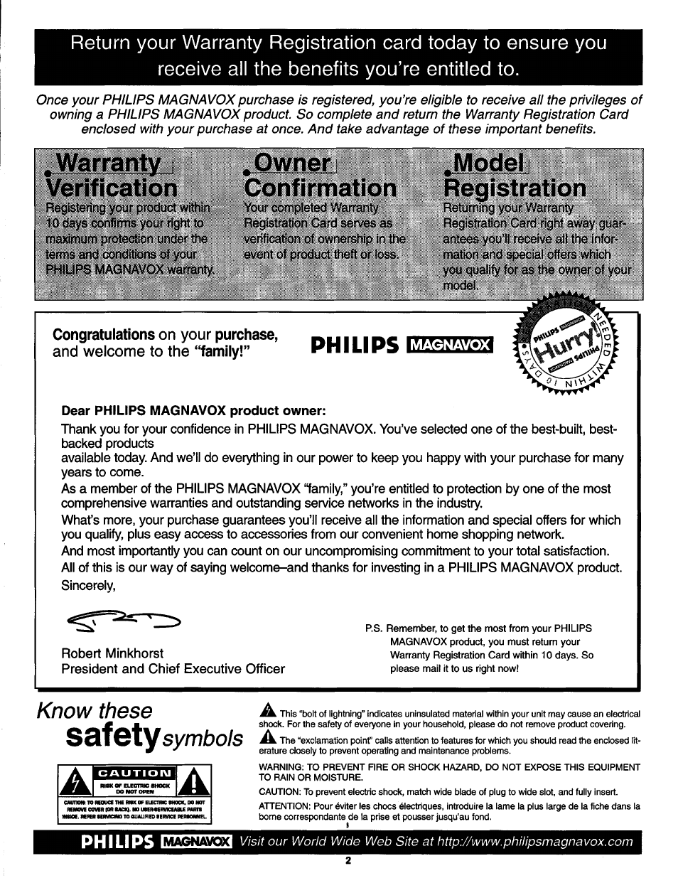 Dear philips magnavox product owner, Qwnerj, Warranty verification | Confirmation, Jmodel registration, Philips | Philips MX2790B User Manual | Page 2 / 48
