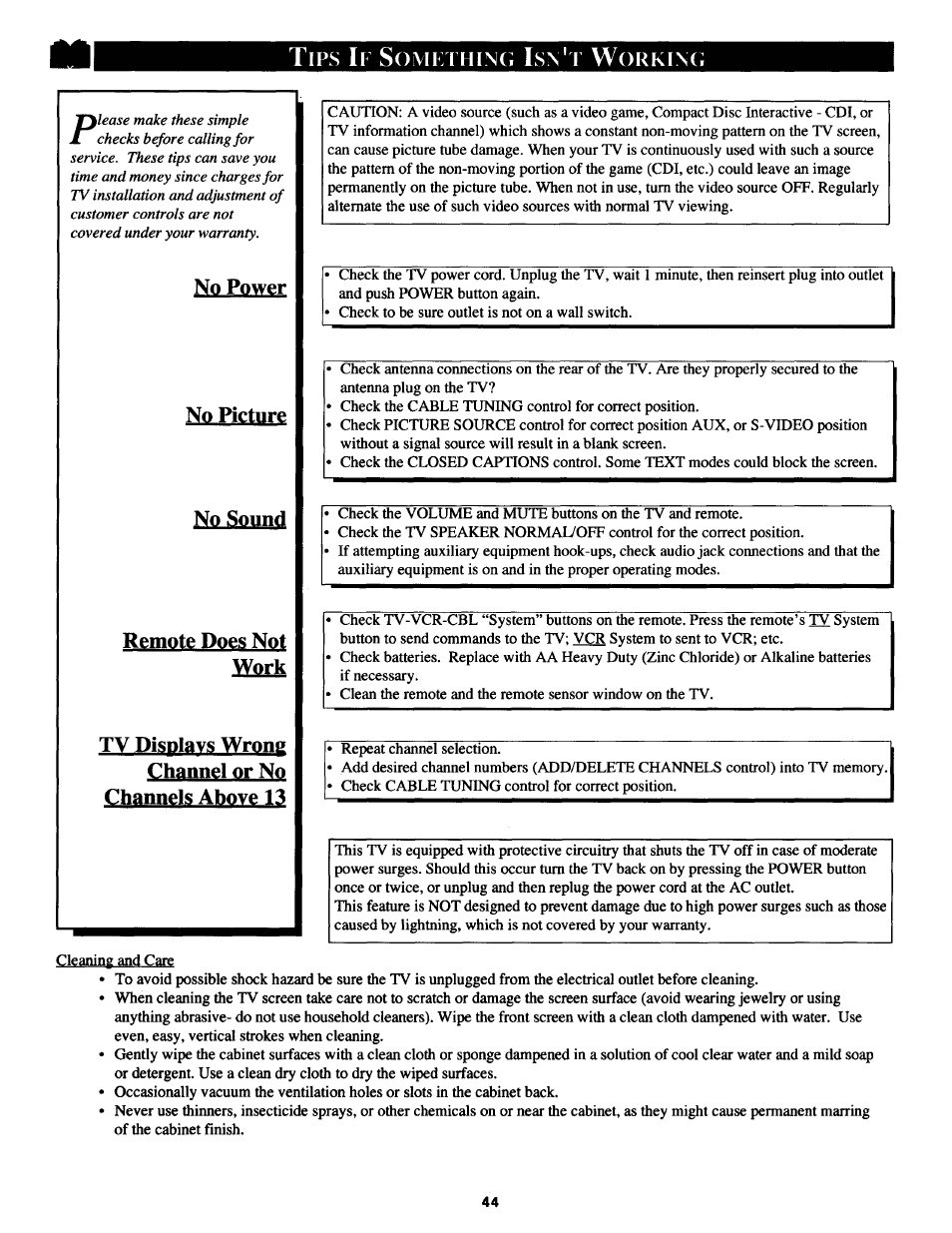 No power, No picture, No sound | Remote does not work, Tv displays wron^ channel or no channels above 13 | Philips MX2790B User Manual | Page 44 / 48