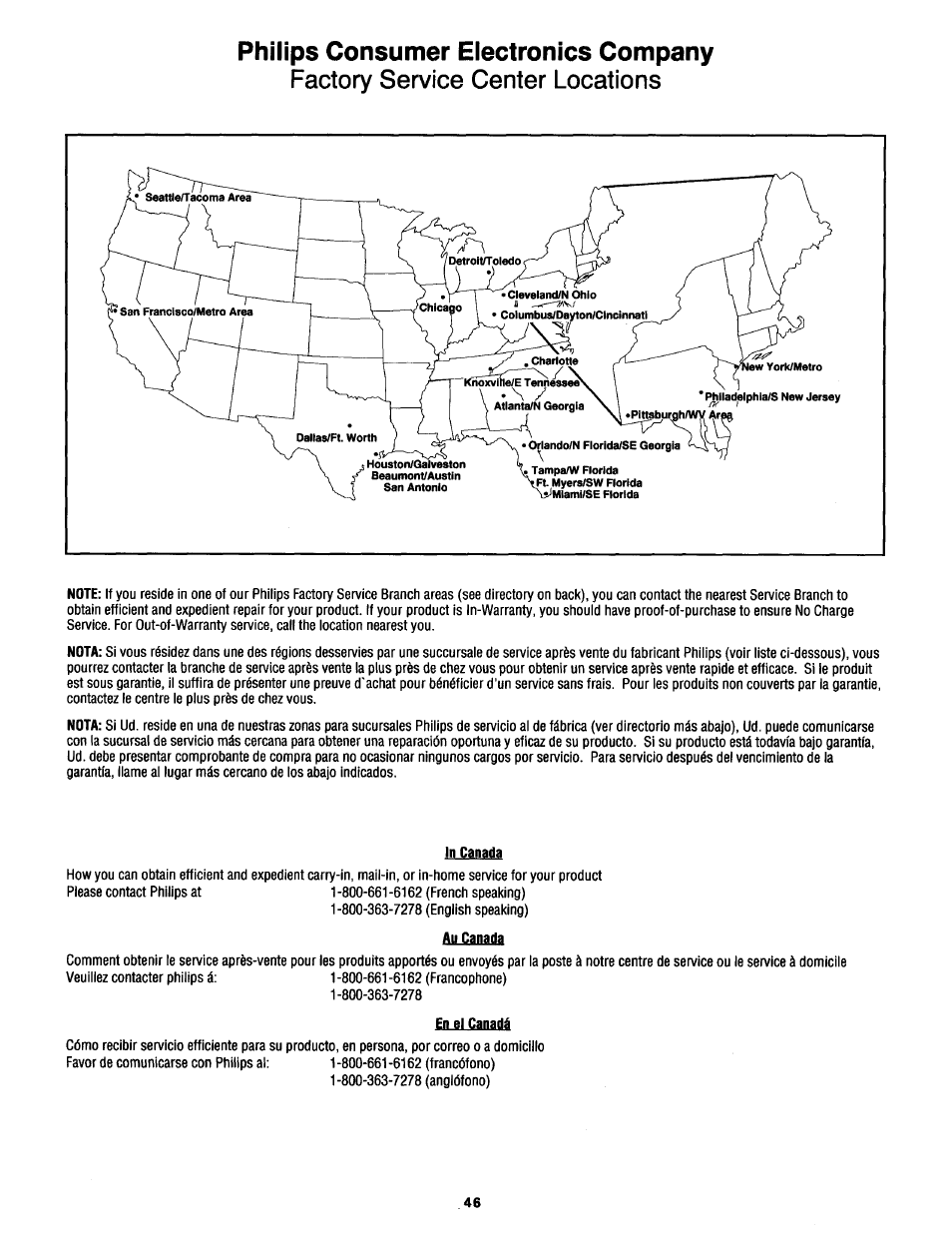 Philips consumer electronics company, Factory service center locations | Philips MX2790B User Manual | Page 46 / 48