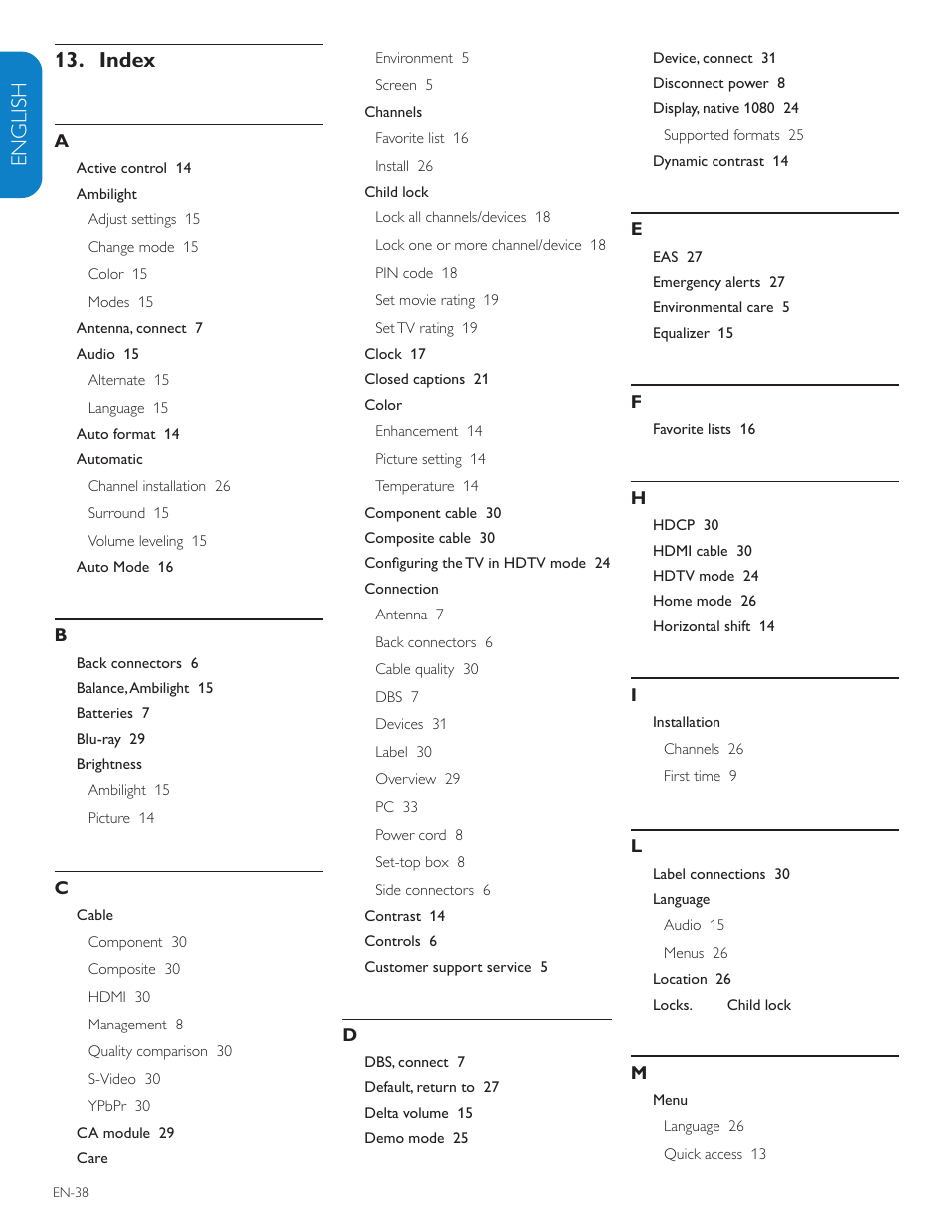 English française esp añol index 13 | Philips 47PFL7603D-27 User Manual | Page 40 / 43