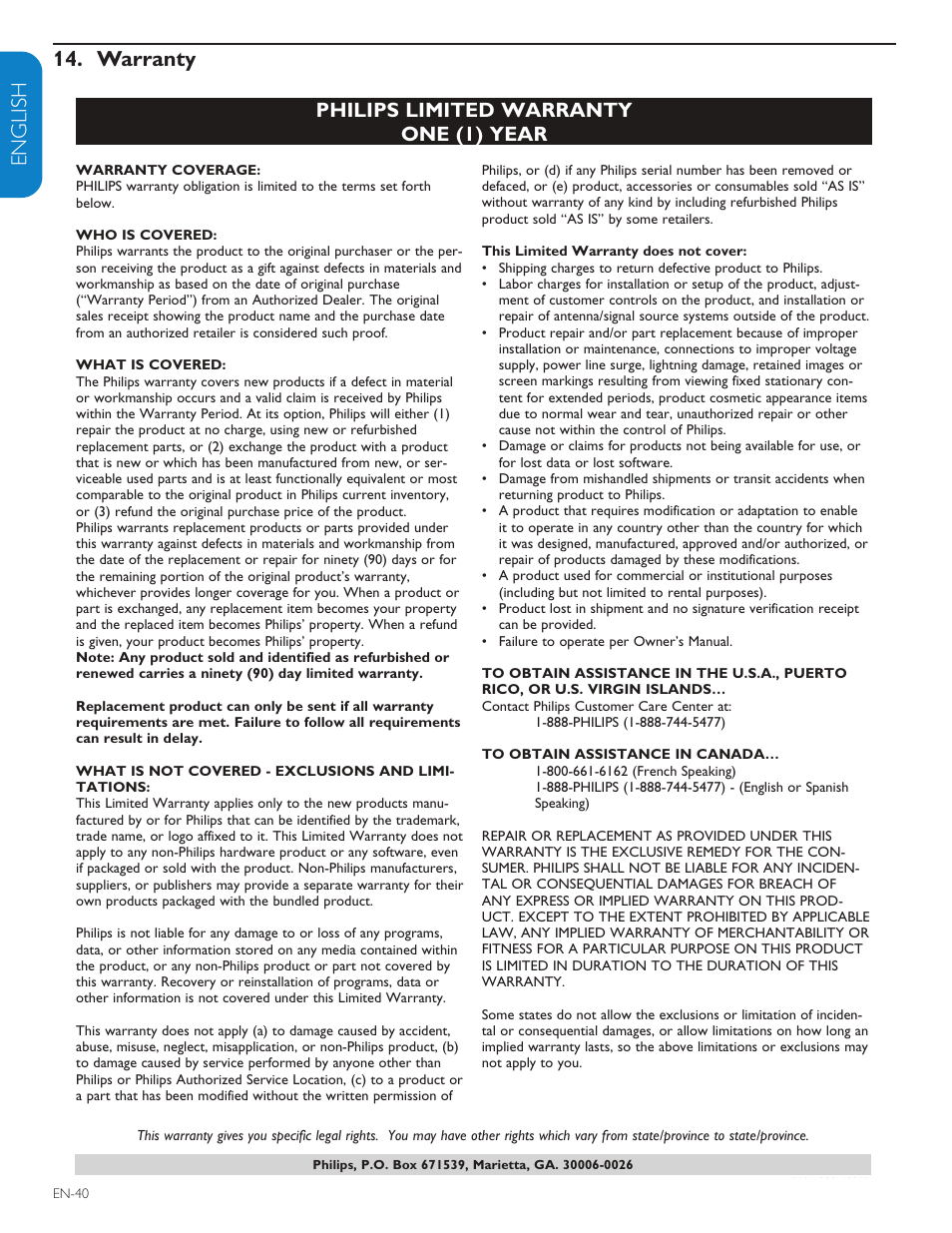 English française esp añol warranty 14, Philips limited warranty one (1) year | Philips 47PFL7603D-27 User Manual | Page 42 / 43