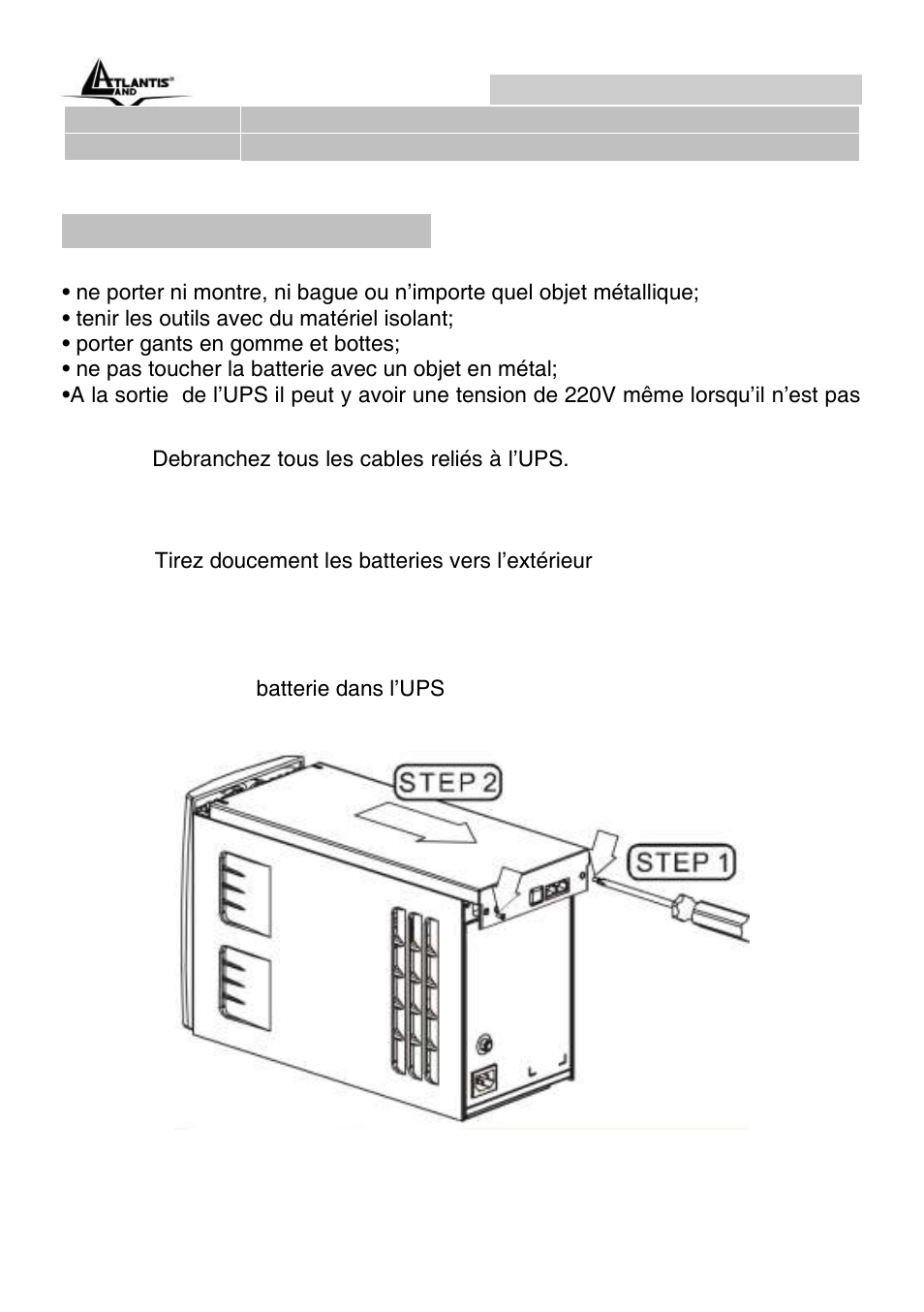 Changement de batterie, Onepower line interactive (fr) | Atlantis Land OnePower Line Interactive UPS A03-S1501 User Manual | Page 42 / 50