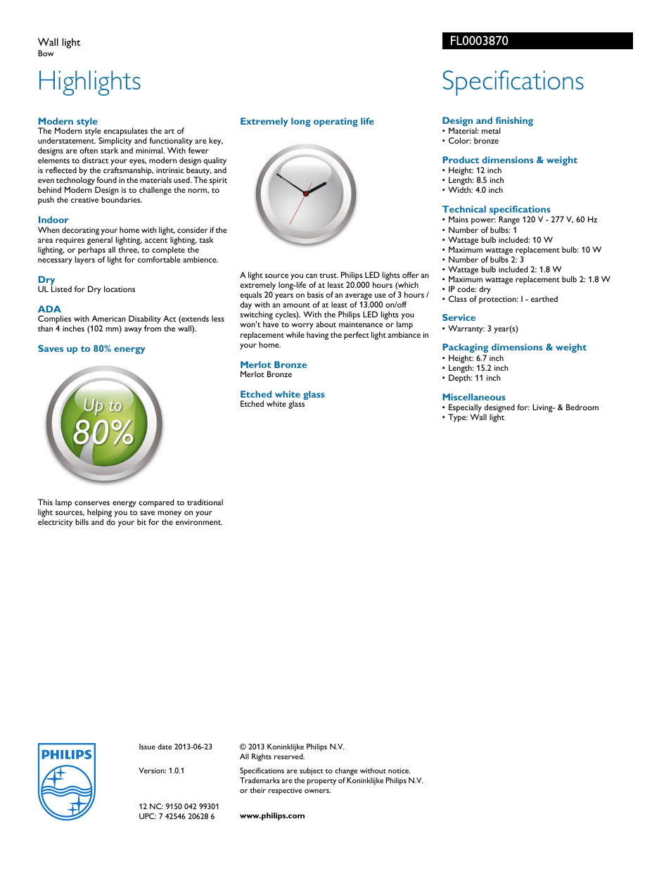 Highlights, Specifications | Philips FL0003870 User Manual | Page 2 / 2