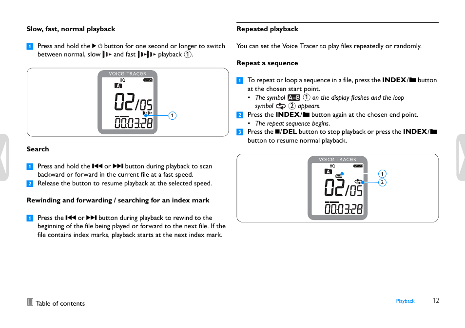 Slow, fast, normal playback, Search, Repeated playback | Repeat a sequence | Philips LFH0655-27 User Manual | Page 12 / 22