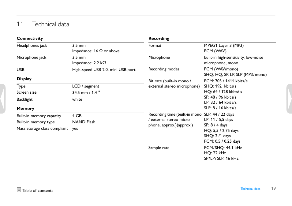 11 technical data, Technical data | Philips LFH0655-27 User Manual | Page 19 / 22