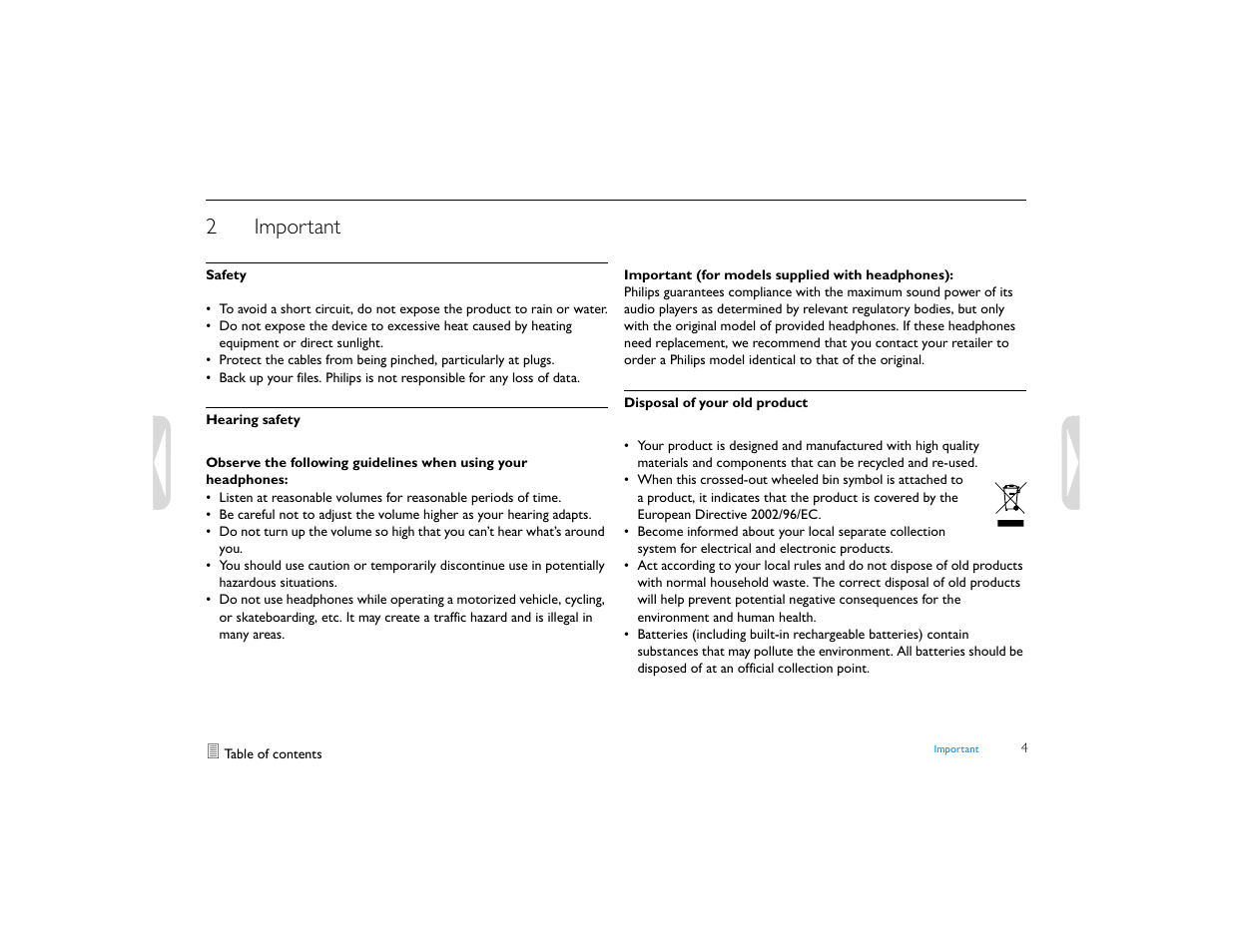 2 important, Safety, Hearing safety | Disposal of your old product, Important, 2important | Philips LFH0655-27 User Manual | Page 4 / 22