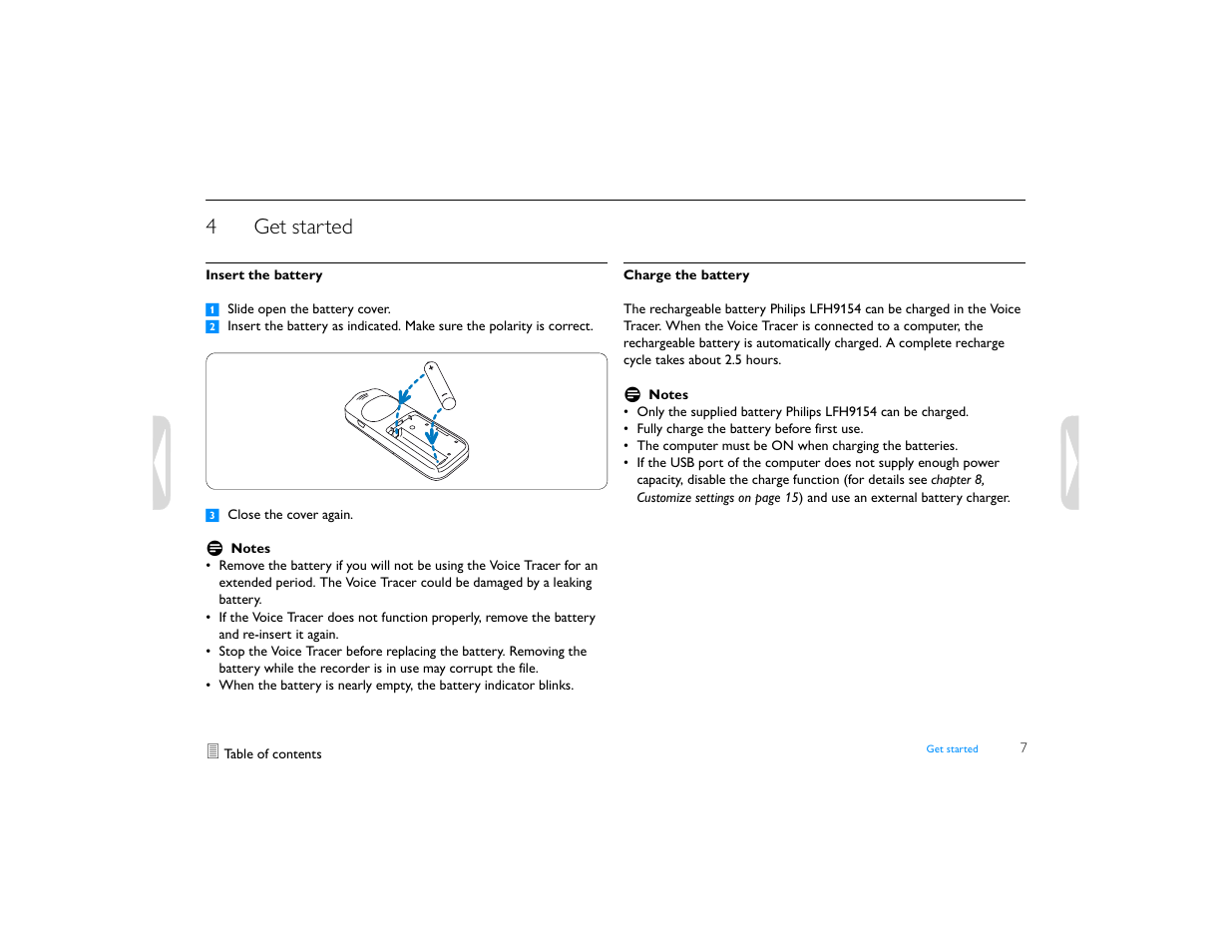 4 get started, Insert the battery, Charge the battery | Get started, 4get started | Philips LFH0655-27 User Manual | Page 7 / 22