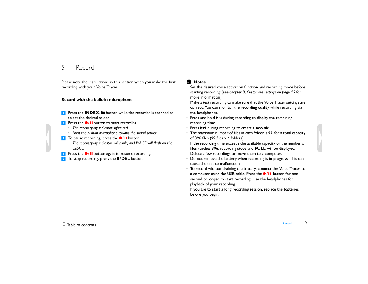 5 record, Record with the built-in microphone, Record | 5record | Philips LFH0655-27 User Manual | Page 9 / 22