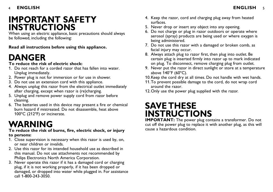 Save these instructions, Important safety instructions, Danger | Warning | Philips AT790-40 User Manual | Page 3 / 14