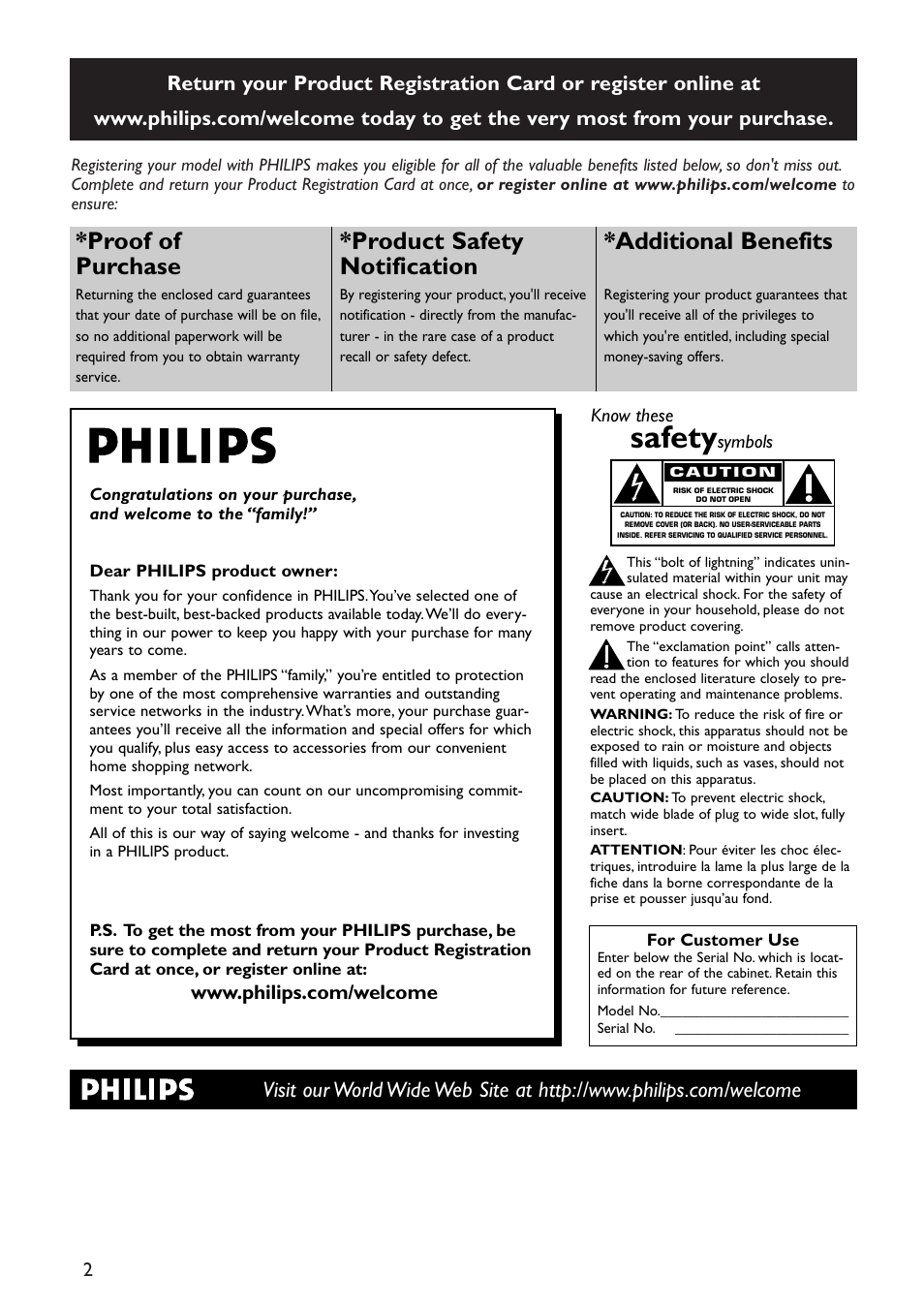 Safety, Proof of purchase, Product safety notification | Additional benefits | Philips DVP5992-37B User Manual | Page 2 / 58