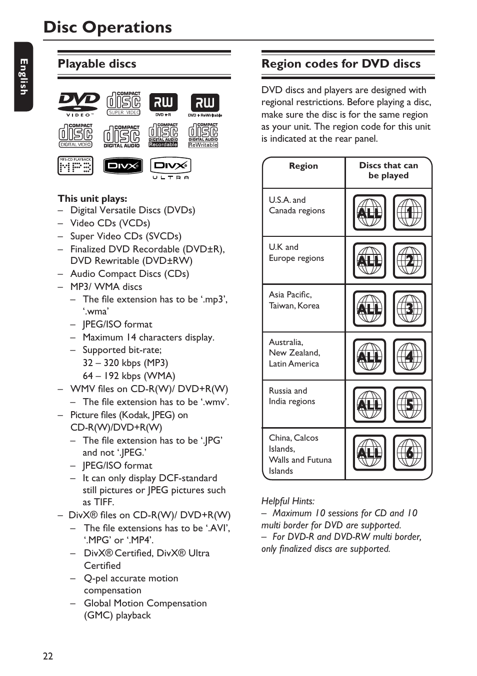 Disc operations, Playable discs, Region codes for dvd discs | Philips DVP5992-37B User Manual | Page 22 / 58