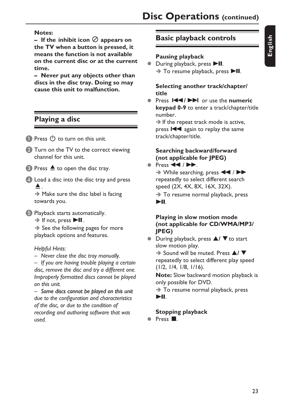 Disc operations, Playing a disc, Basic playback controls | Philips DVP5992-37B User Manual | Page 23 / 58