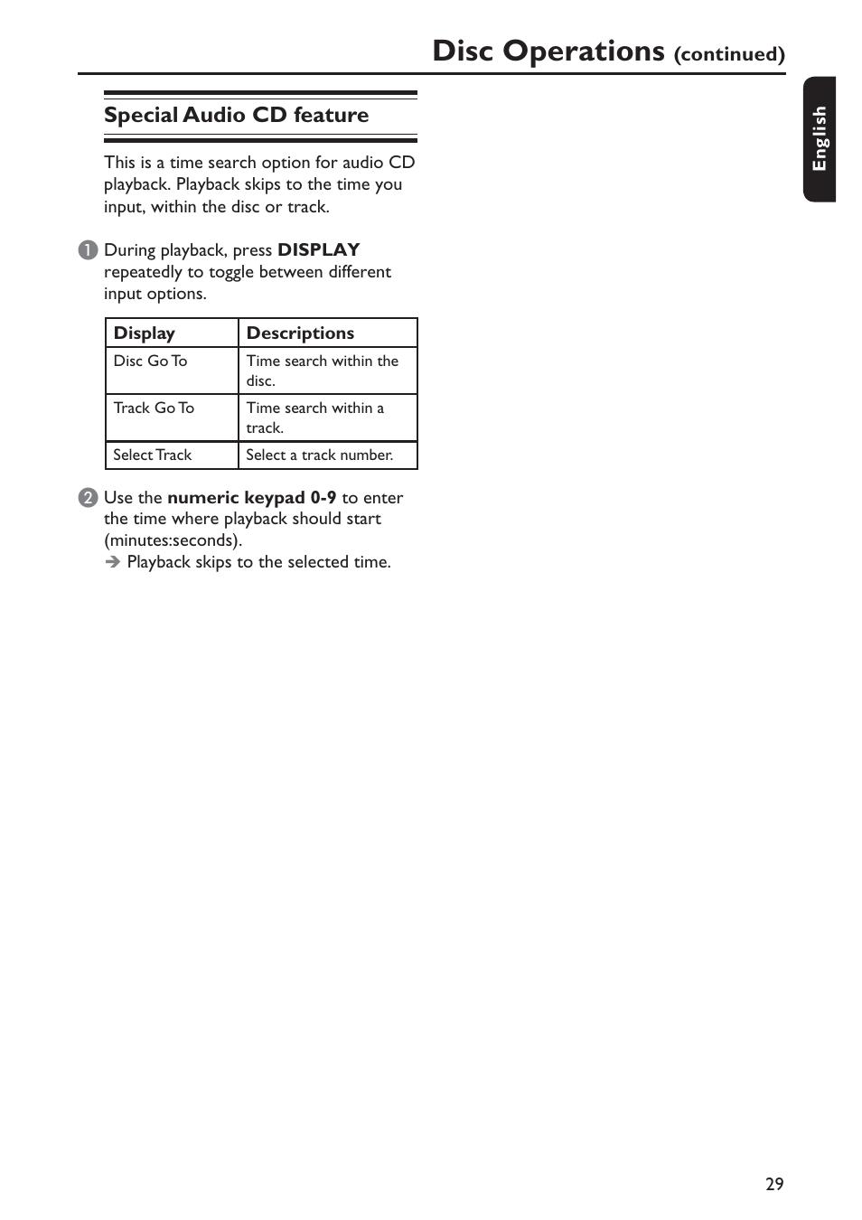 Disc operations, Special audio cd feature | Philips DVP5992-37B User Manual | Page 29 / 58