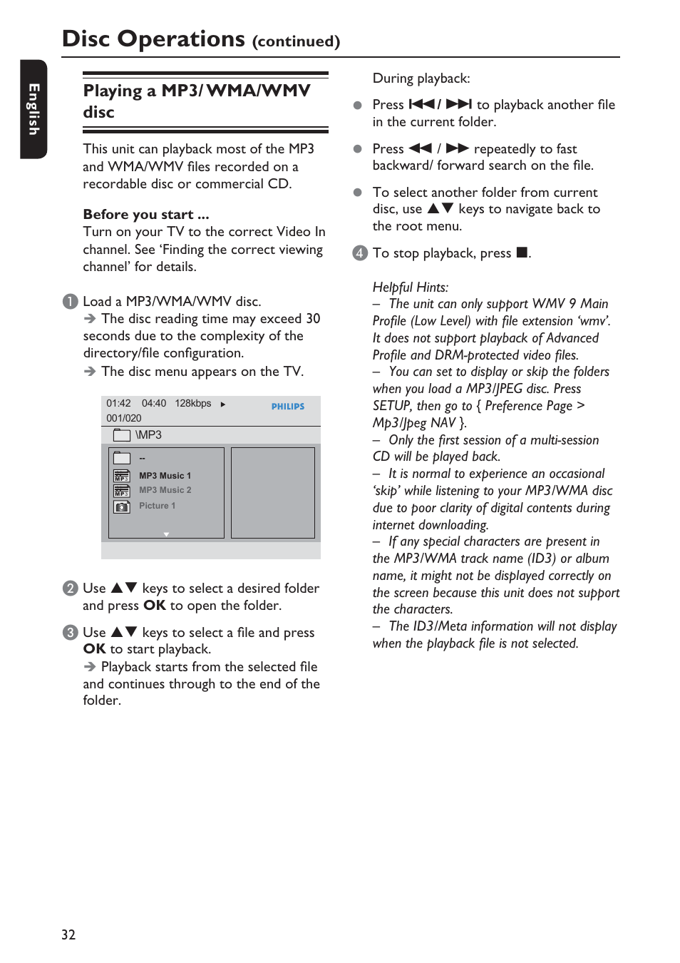 Disc operations, Playing a mp3/ wma/wmv disc | Philips DVP5992-37B User Manual | Page 32 / 58