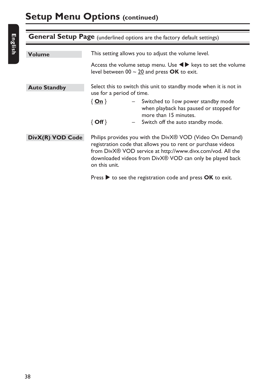 Setup menu options | Philips DVP5992-37B User Manual | Page 38 / 58