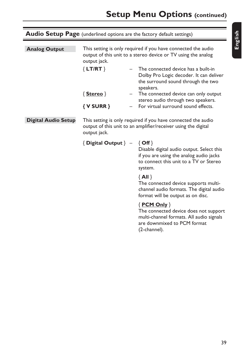 Setup menu options, Audio setup page | Philips DVP5992-37B User Manual | Page 39 / 58