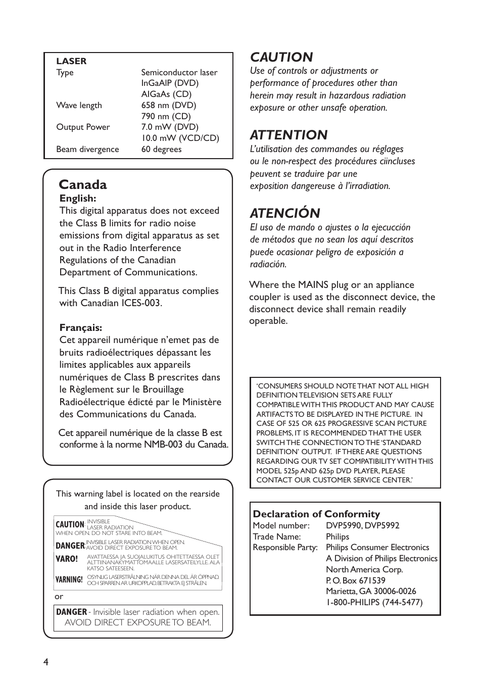 Canada, Caution, Attention | Atención | Philips DVP5992-37B User Manual | Page 4 / 58