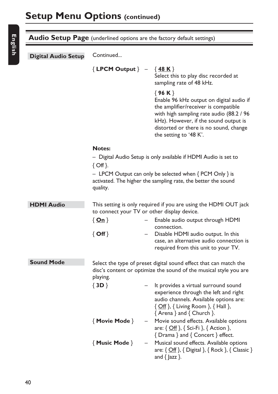 Setup menu options, Audio setup page | Philips DVP5992-37B User Manual | Page 40 / 58