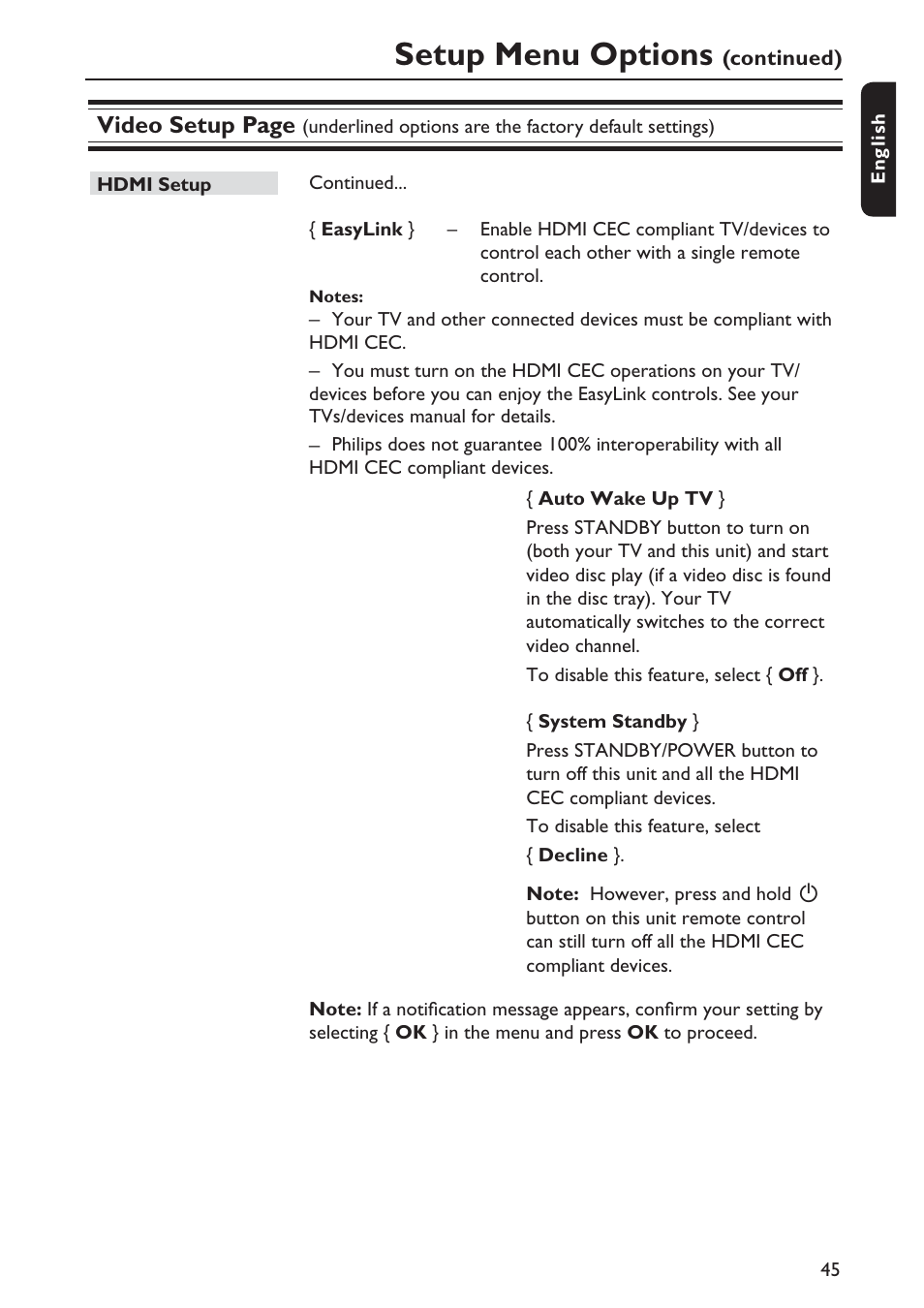 Setup menu options, Video setup page | Philips DVP5992-37B User Manual | Page 45 / 58