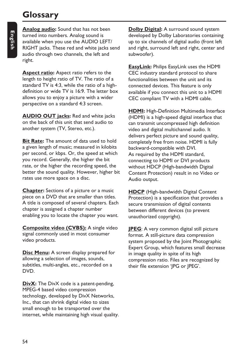 Glossary | Philips DVP5992-37B User Manual | Page 54 / 58