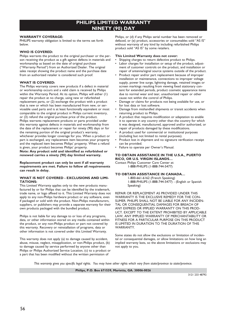 Philips limited warranty ninety (90) day | Philips DVP5992-37B User Manual | Page 56 / 58