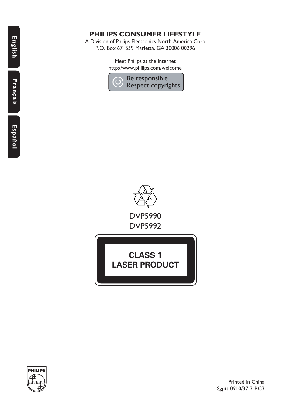 Class 1 laser product | Philips DVP5992-37B User Manual | Page 58 / 58