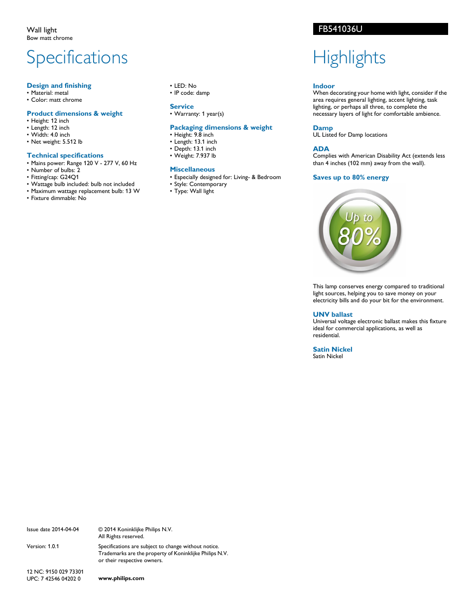 Specifications, Highlights | Philips FB541036U User Manual | Page 2 / 2