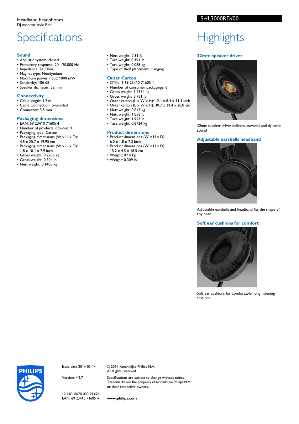 Specifications, Highlights | Philips SHL3000RD-00 User Manual | Page 2 / 2