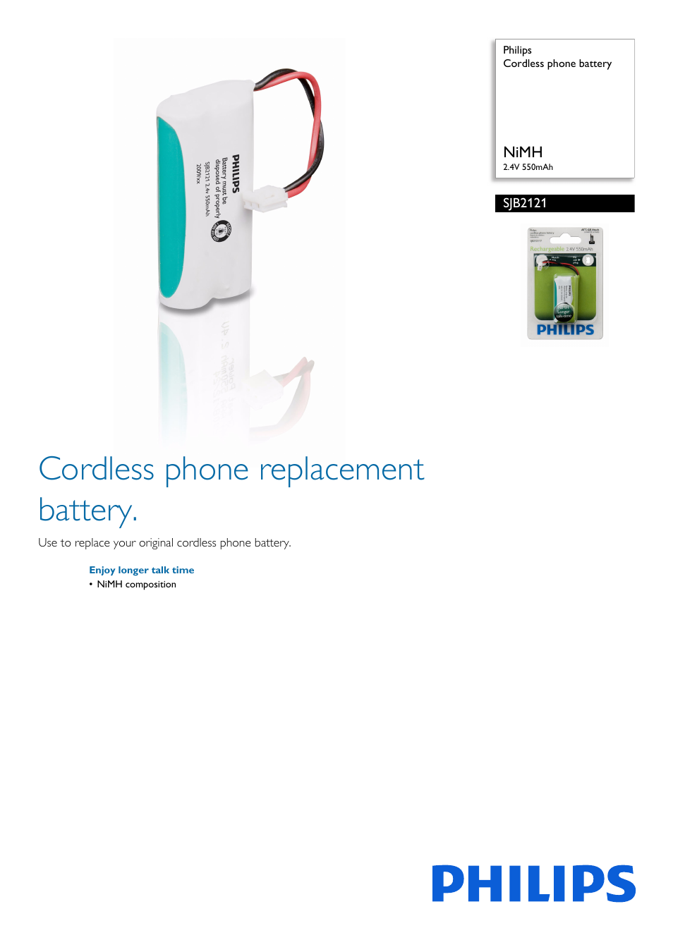 Philips Cordless phone battery SJB2121 NiMH 2.4V 550mAh User Manual | 2 pages