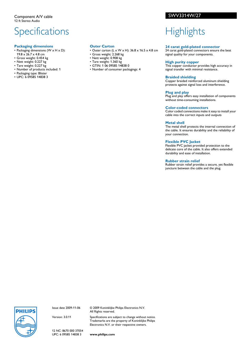 Specifications, Highlights | Philips SWV3314W-27 User Manual | Page 2 / 2