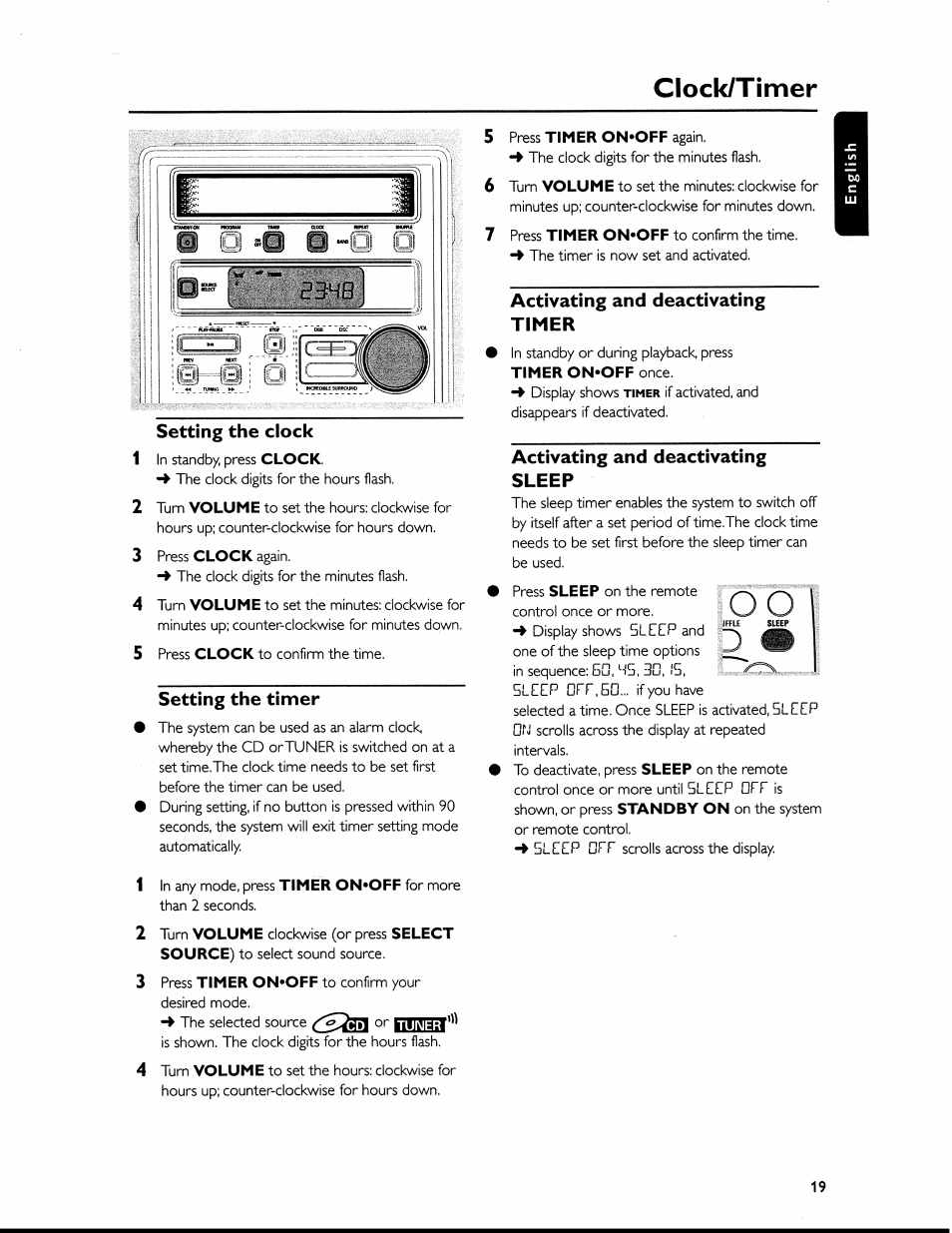 Setting the timer, Activating and deactivating timer, Activating and deactivating sleep | Clock/timer | Philips MC-120-37 User Manual | Page 19 / 22