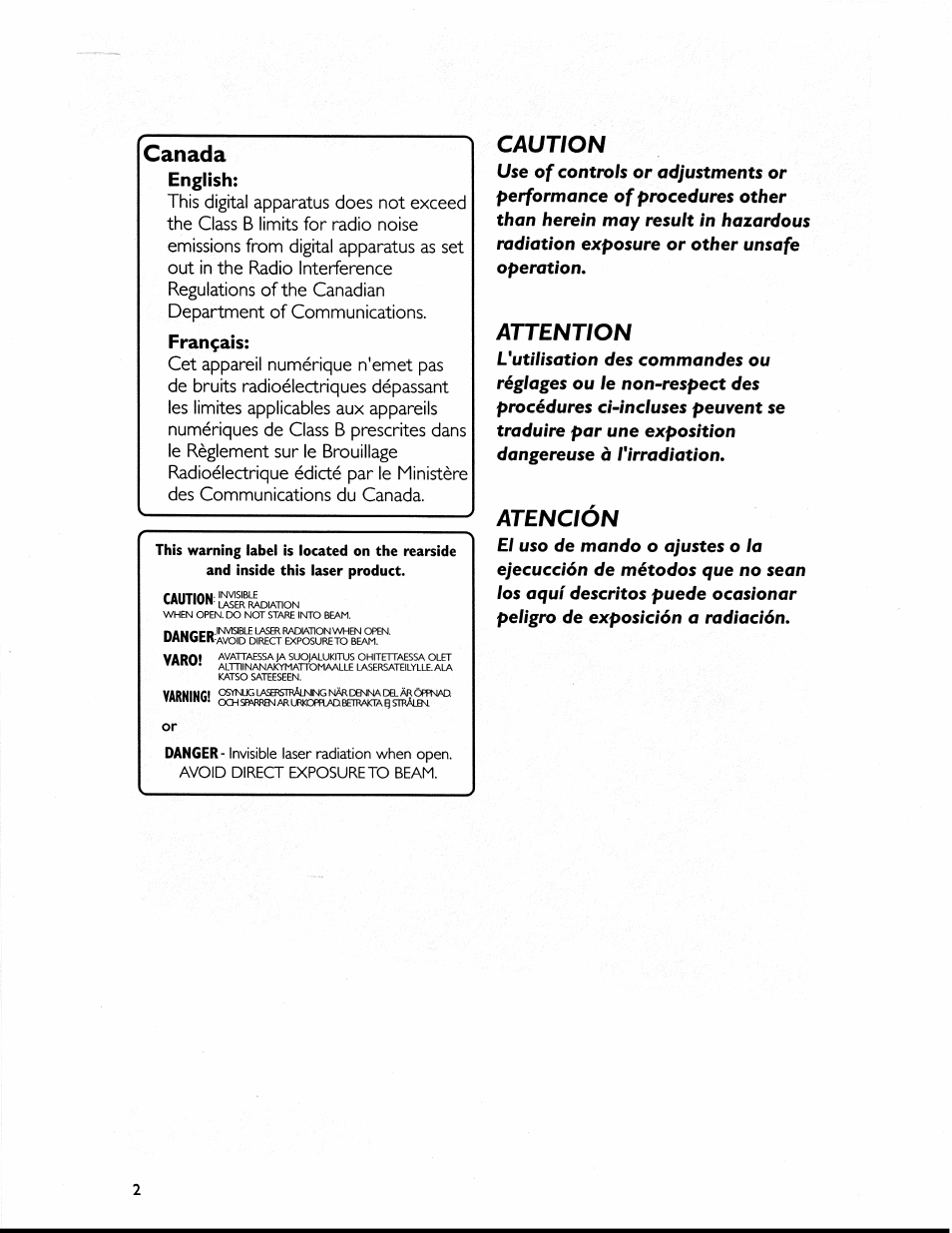 Canada, Caution, Attention | Atención, English, Français | Philips MC-120-37 User Manual | Page 2 / 22
