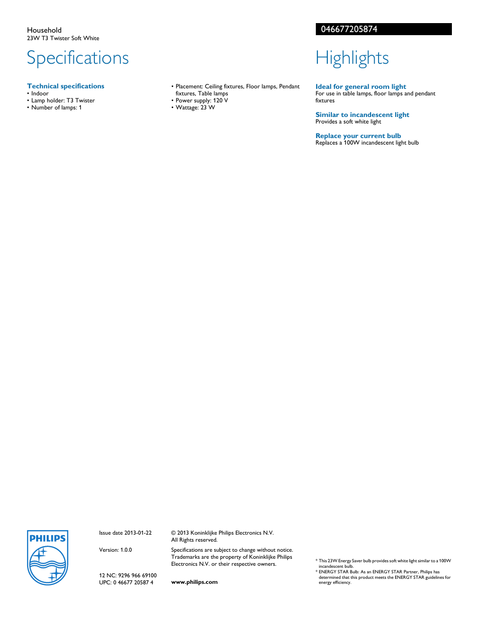 Specifications, Highlights | Philips 046677205874 User Manual | Page 2 / 2