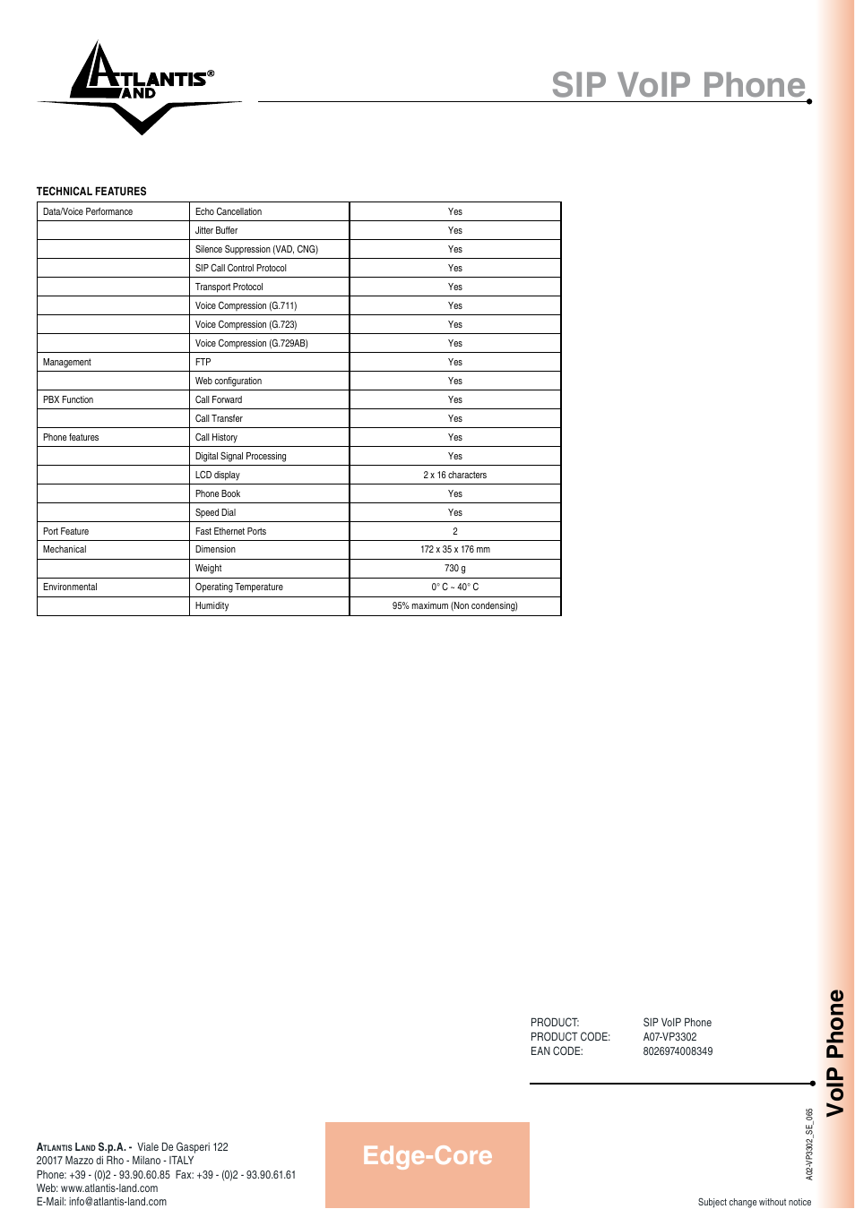 Sip voip phone, Edge-core, Voip phone | Atlantis Land A07-VP3302 User Manual | Page 2 / 2
