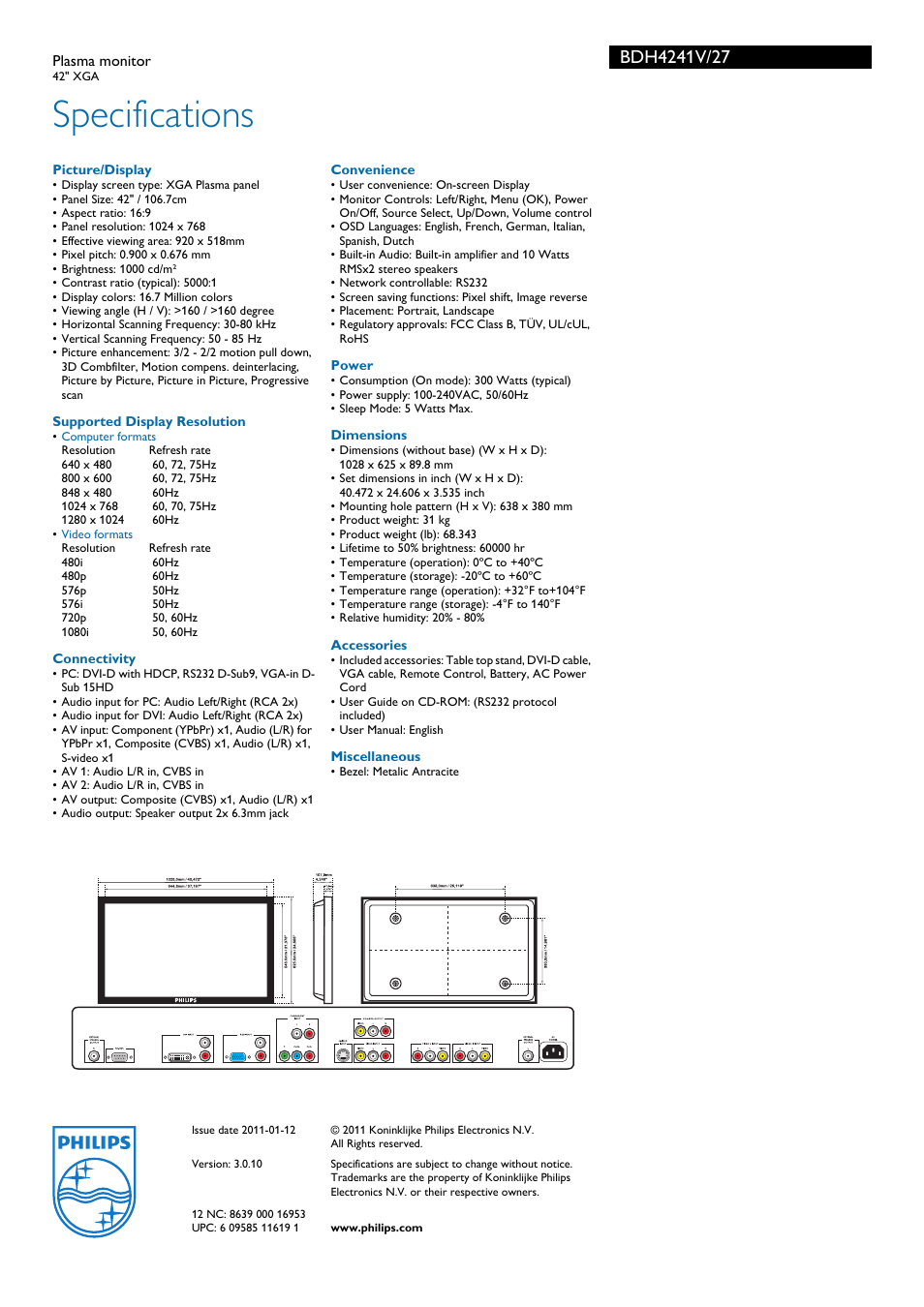 Specifications | Philips BDH4241V-27B User Manual | Page 3 / 3