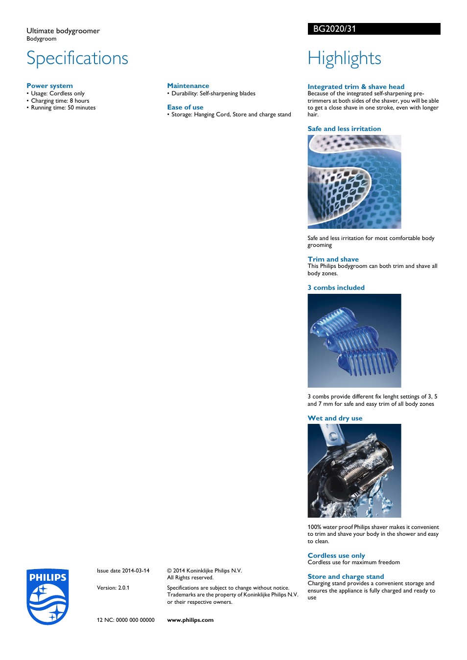Specifications, Highlights | Philips BG2020-31 User Manual | Page 2 / 2