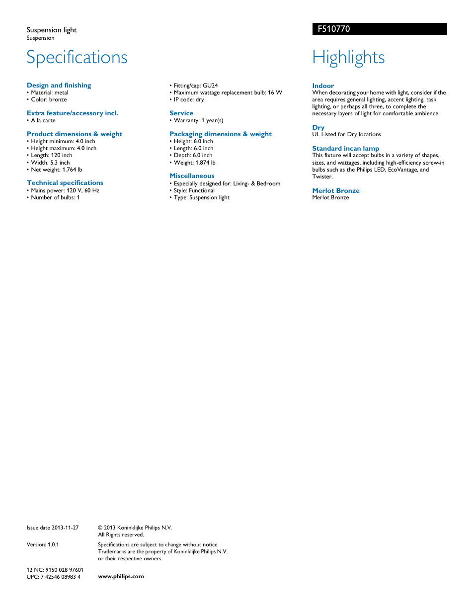 Specifications, Highlights | Philips F510770 User Manual | Page 2 / 2