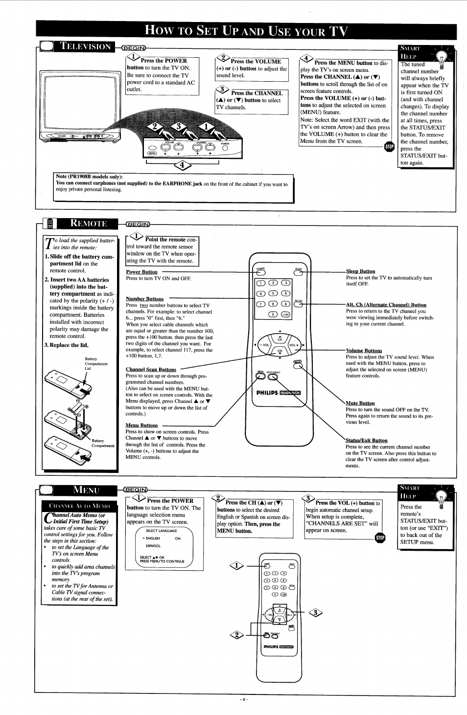 How to set up and use your tv, Television, Remote | How to s, Your, I—cüs¡5 | Philips PR1908C User Manual | Page 4 / 8